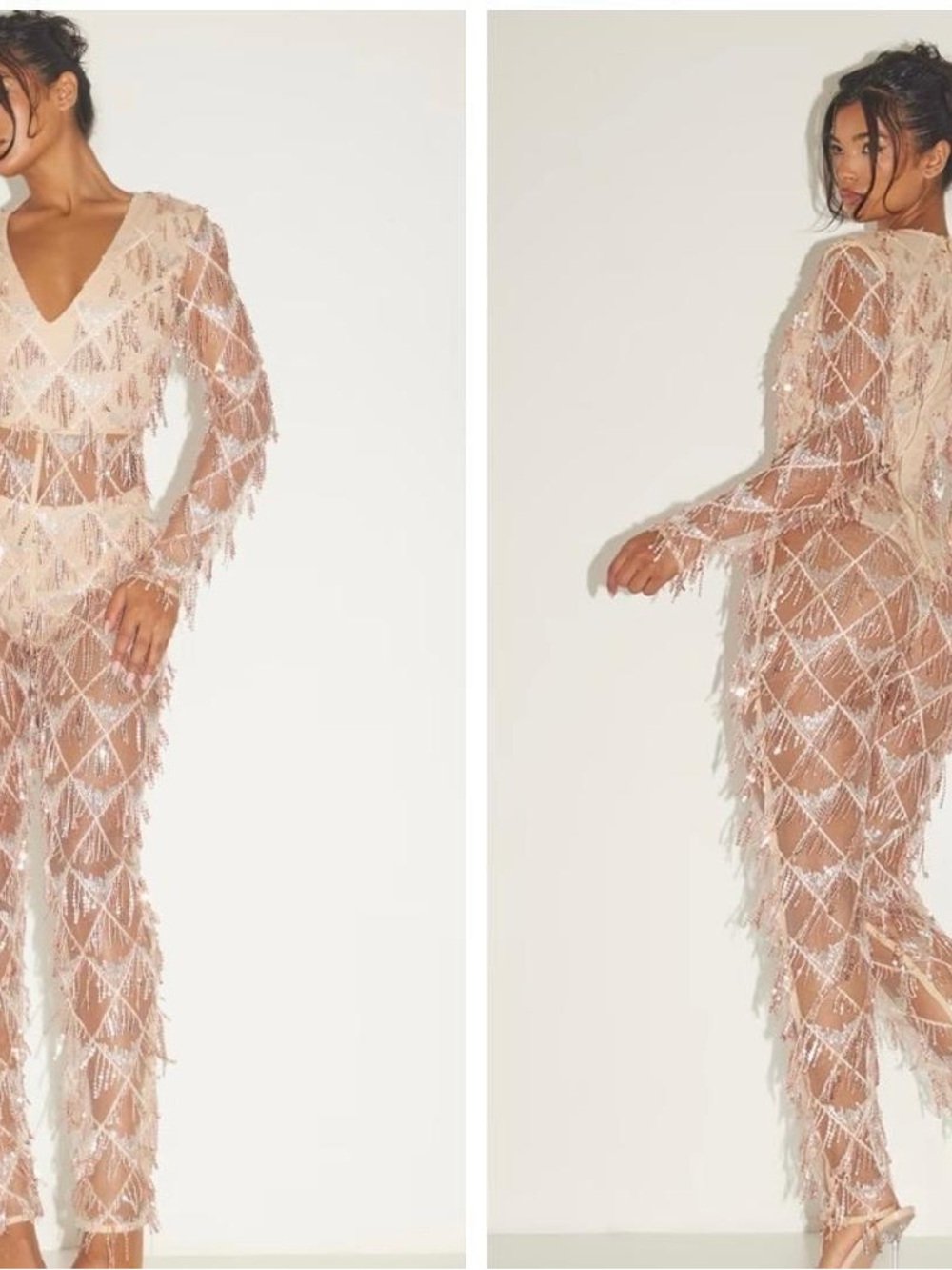 PrettyLittleThing Blush Fringe Sequin Mesh Jumpsuit